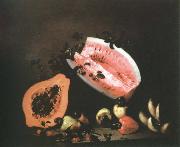 Mota, Jose de la still life of papaya,watermelon and cashew Spain oil painting artist